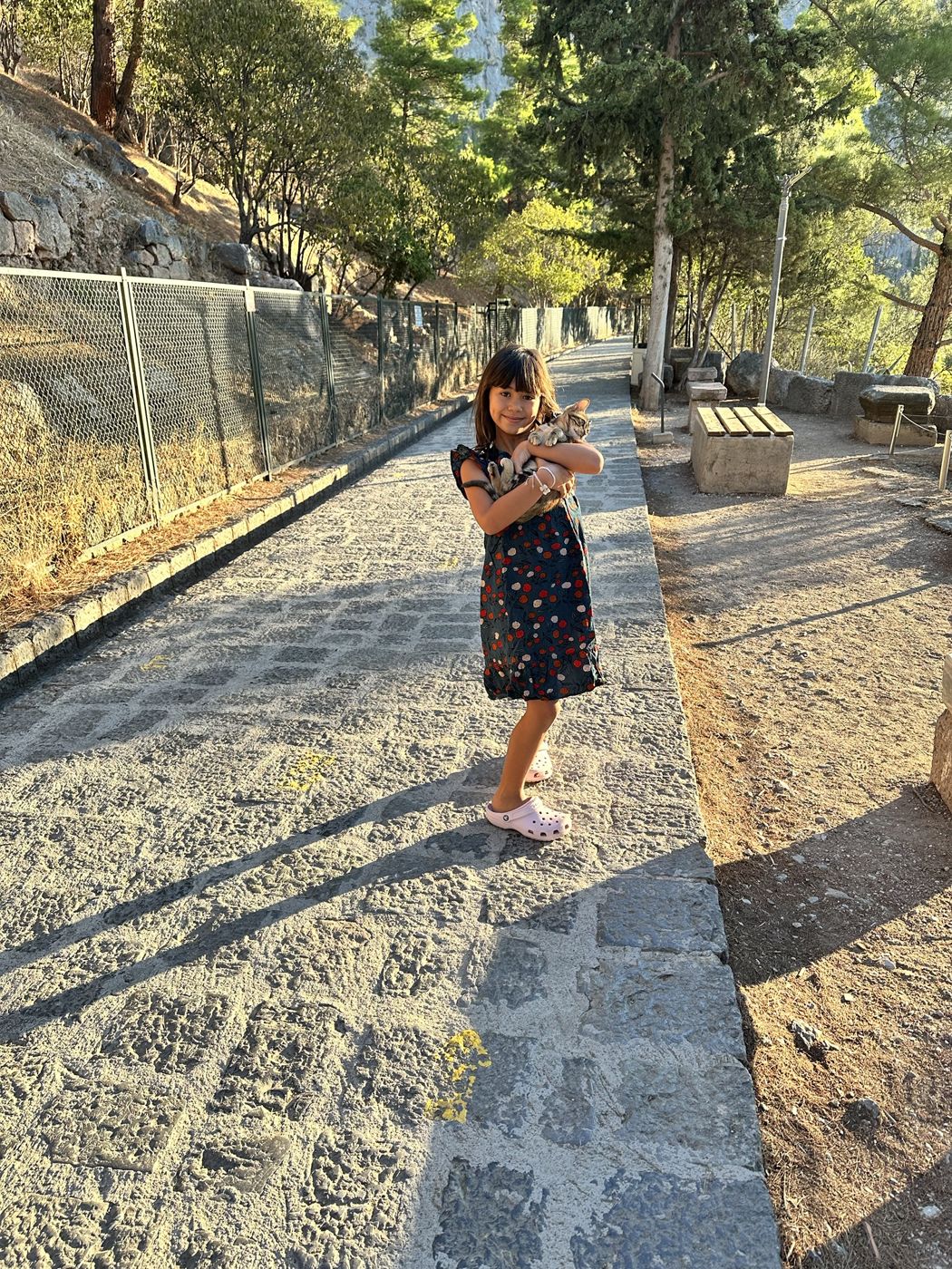 Olivia hugging a kitten on the ancient path at Delphi