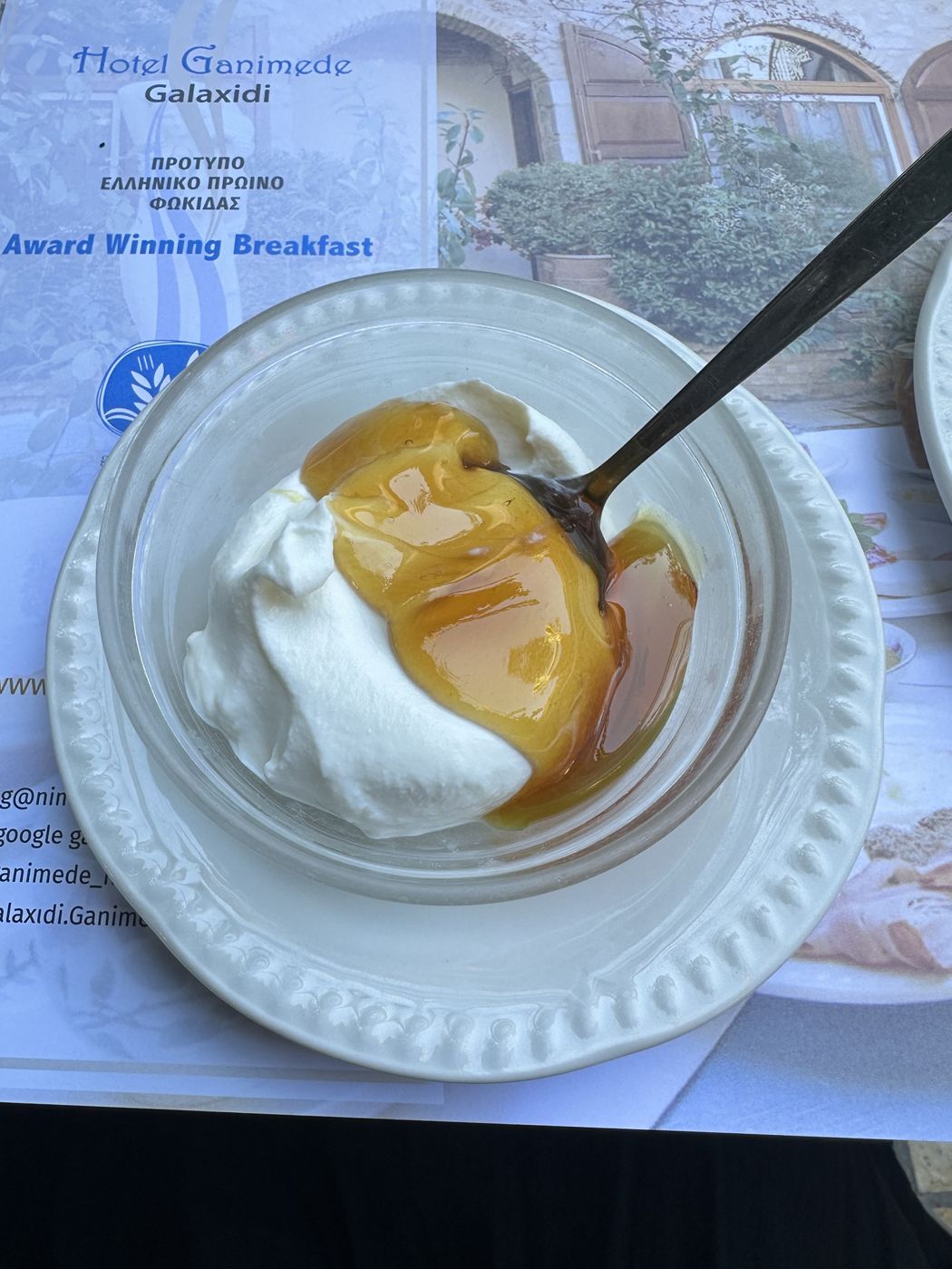 Greek yogurt with honey on the Ganimede Hotel breakfast menu in Galaxidi